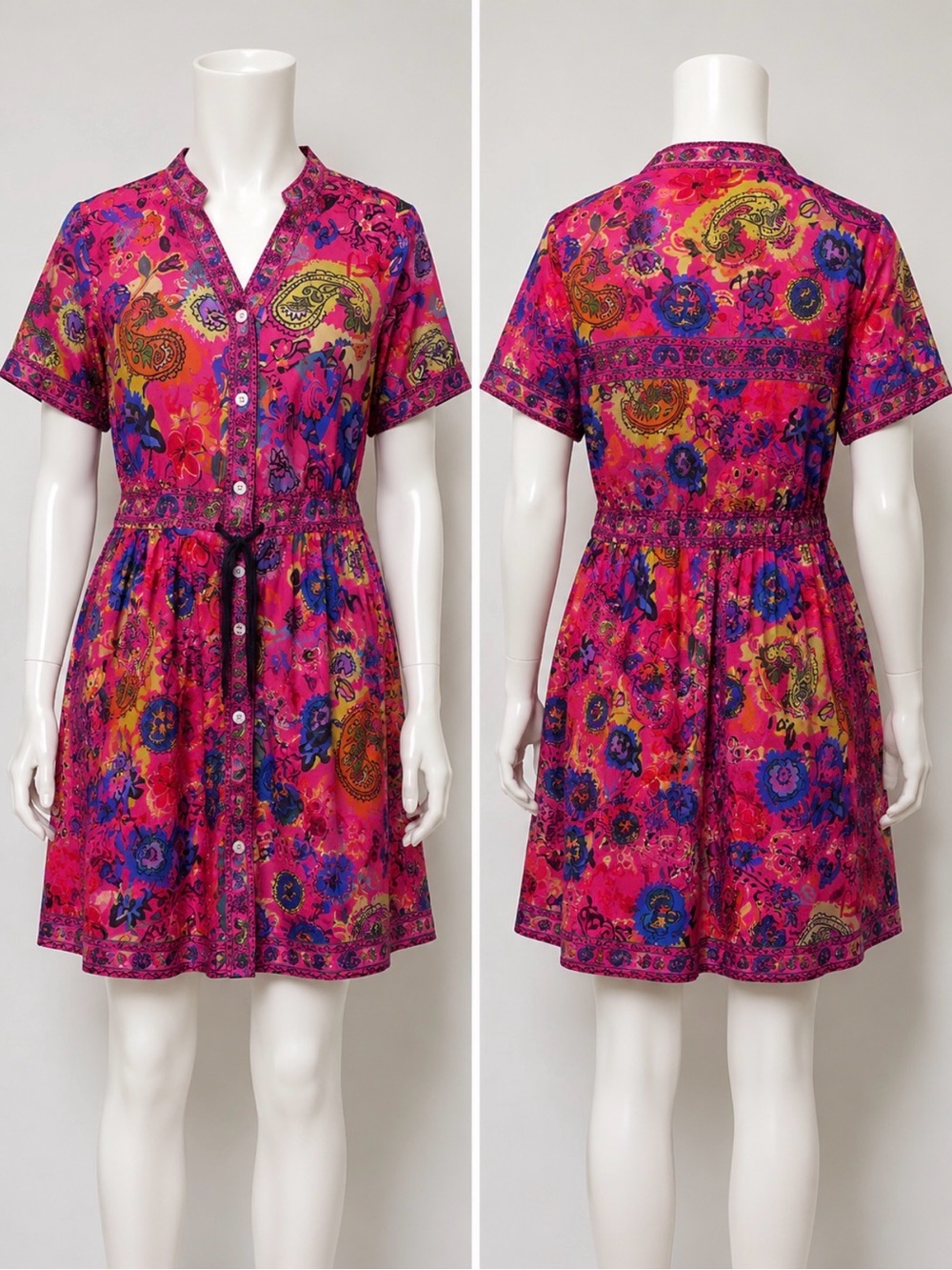 Vibrant Pink Paisley Button-Front Short Dress